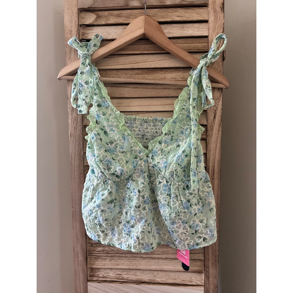 ROMWE Mint Green Floral Eyelet Lace Trim Tie Shoulder Camisole Top XS NWT